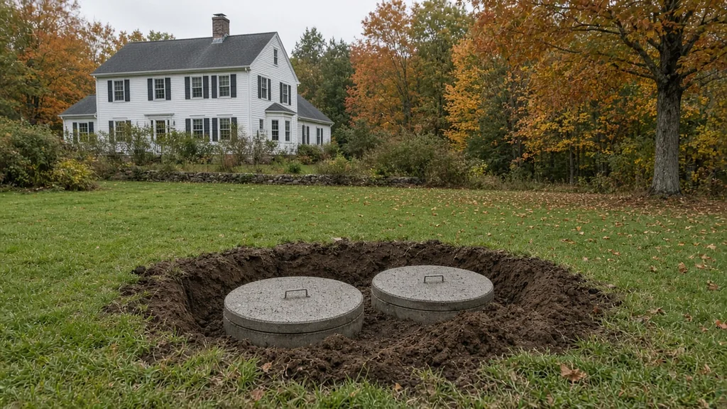 Two concrete septic tank lids uncovered in a dug patch of lawn in front of a colonial house