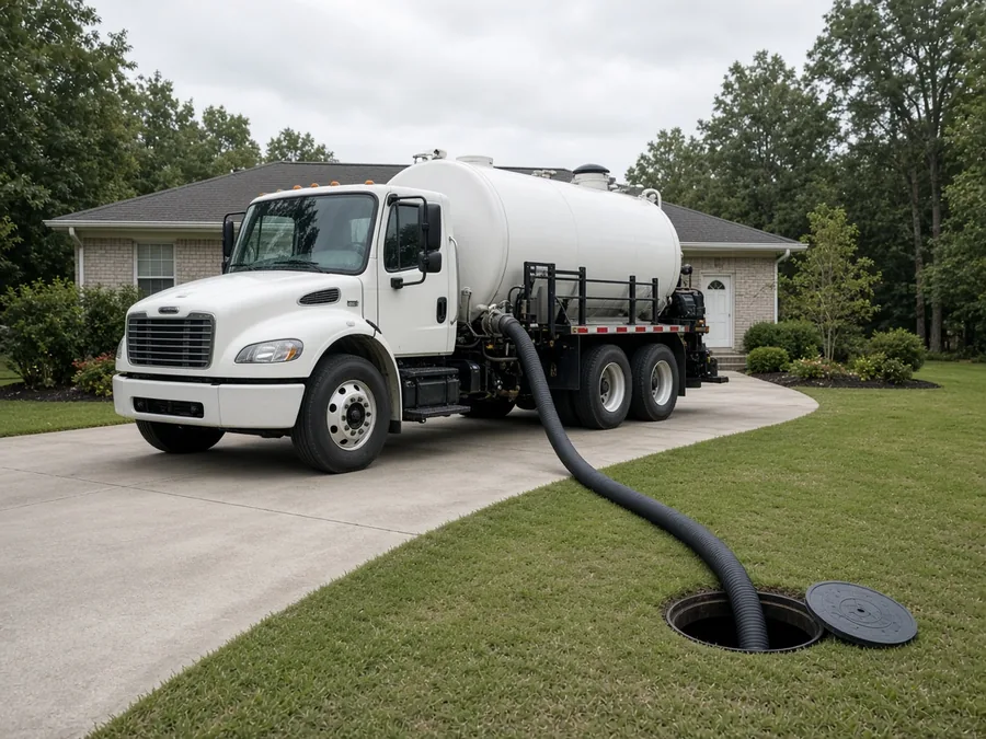 White pump truck with a large hose running across a lawn to an open septic tank