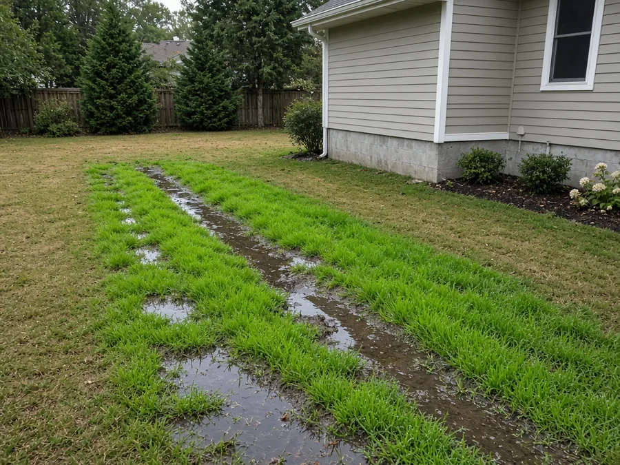 Unusually soggy, lush green patch of lawn over a septic leach field