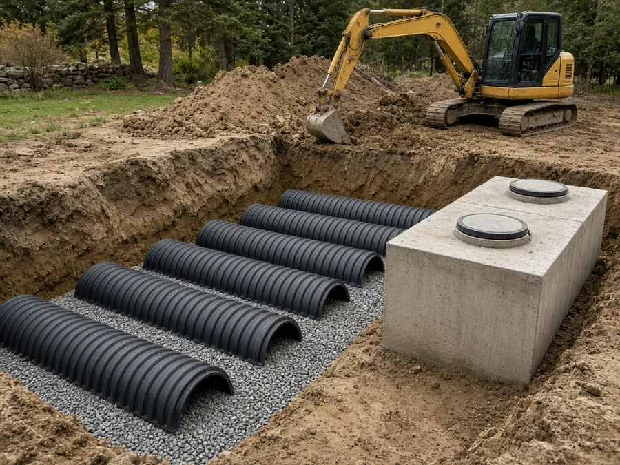 Excavator beside new leaching chambers and a septic tank in an open trench