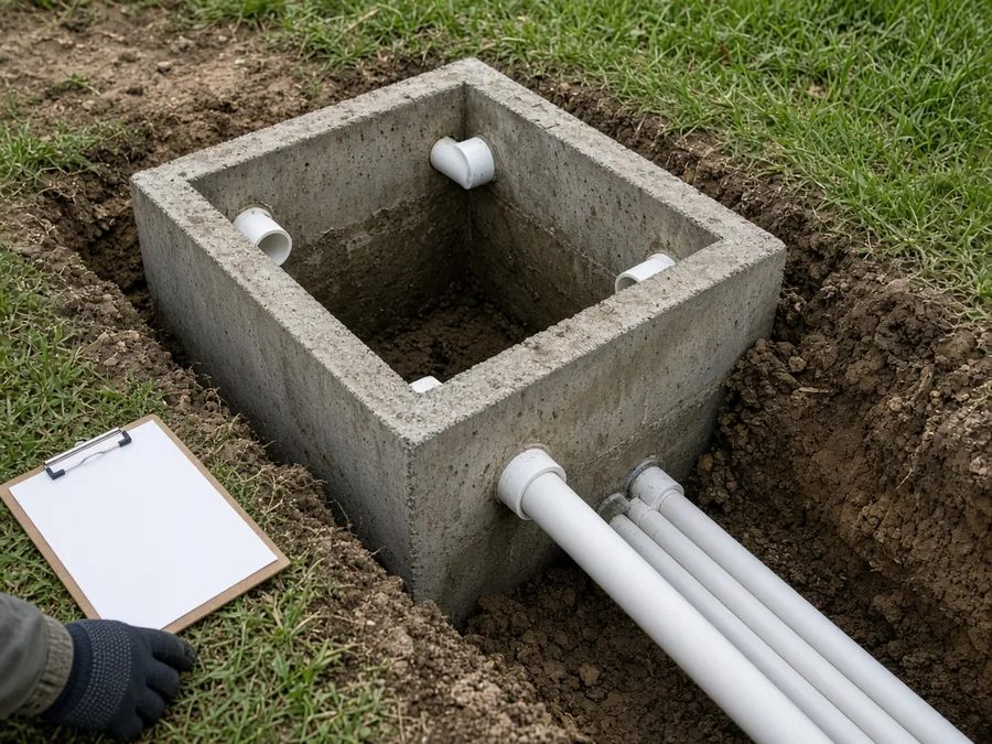 Gloved hand holding a blank clipboard beside an open concrete septic distribution box